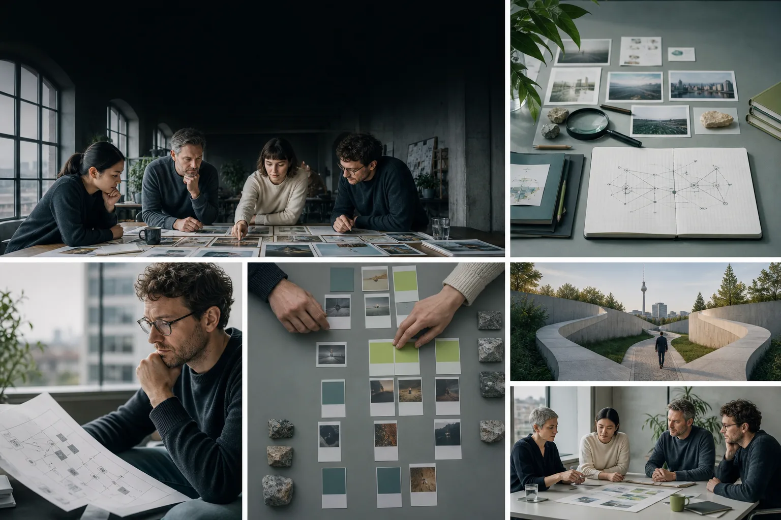 People examining a structured set of visual information in a contemporary German workspace